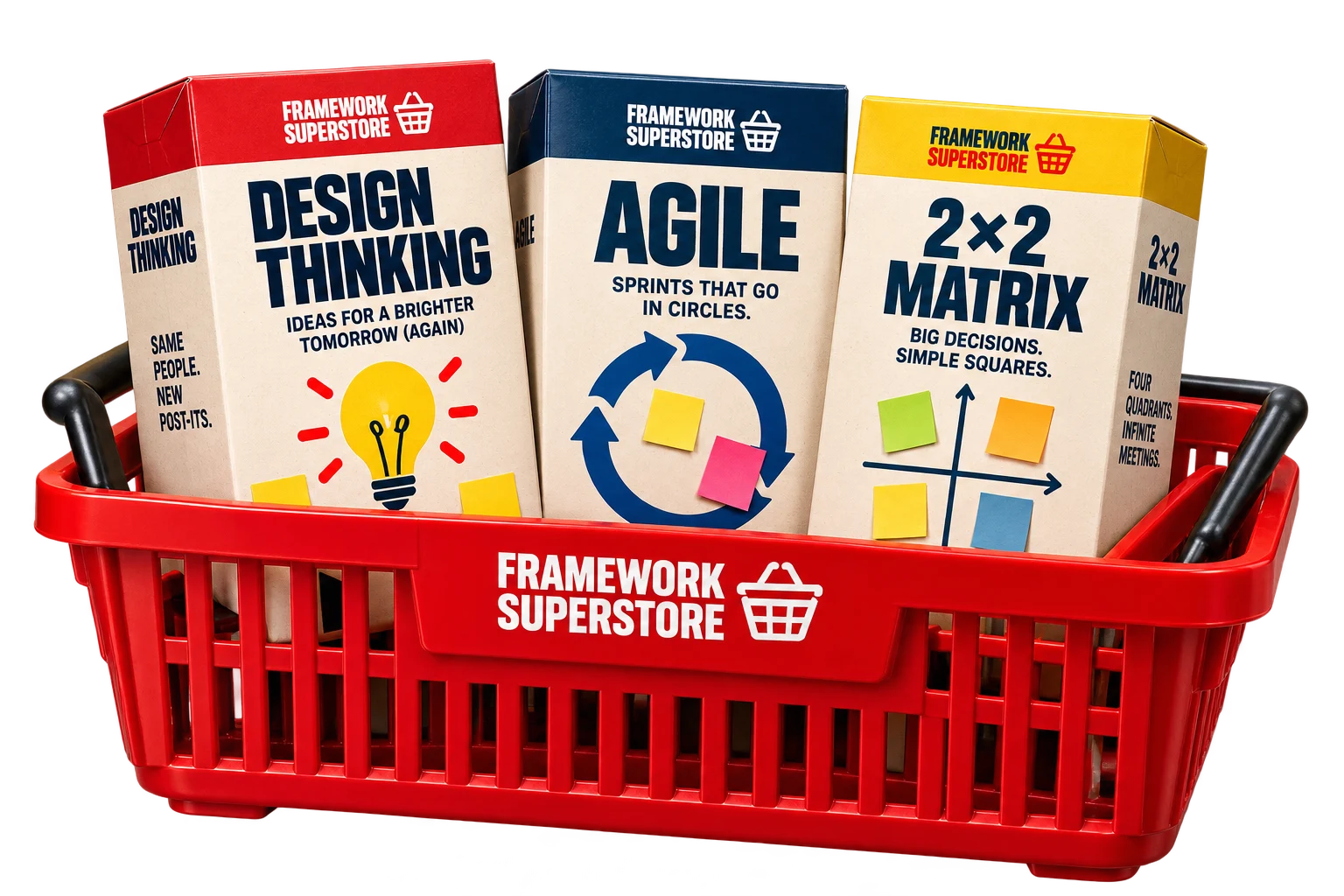 A red Framework Superstore shopping basket holding Design Thinking, Agile and 2×2 Matrix boxes.