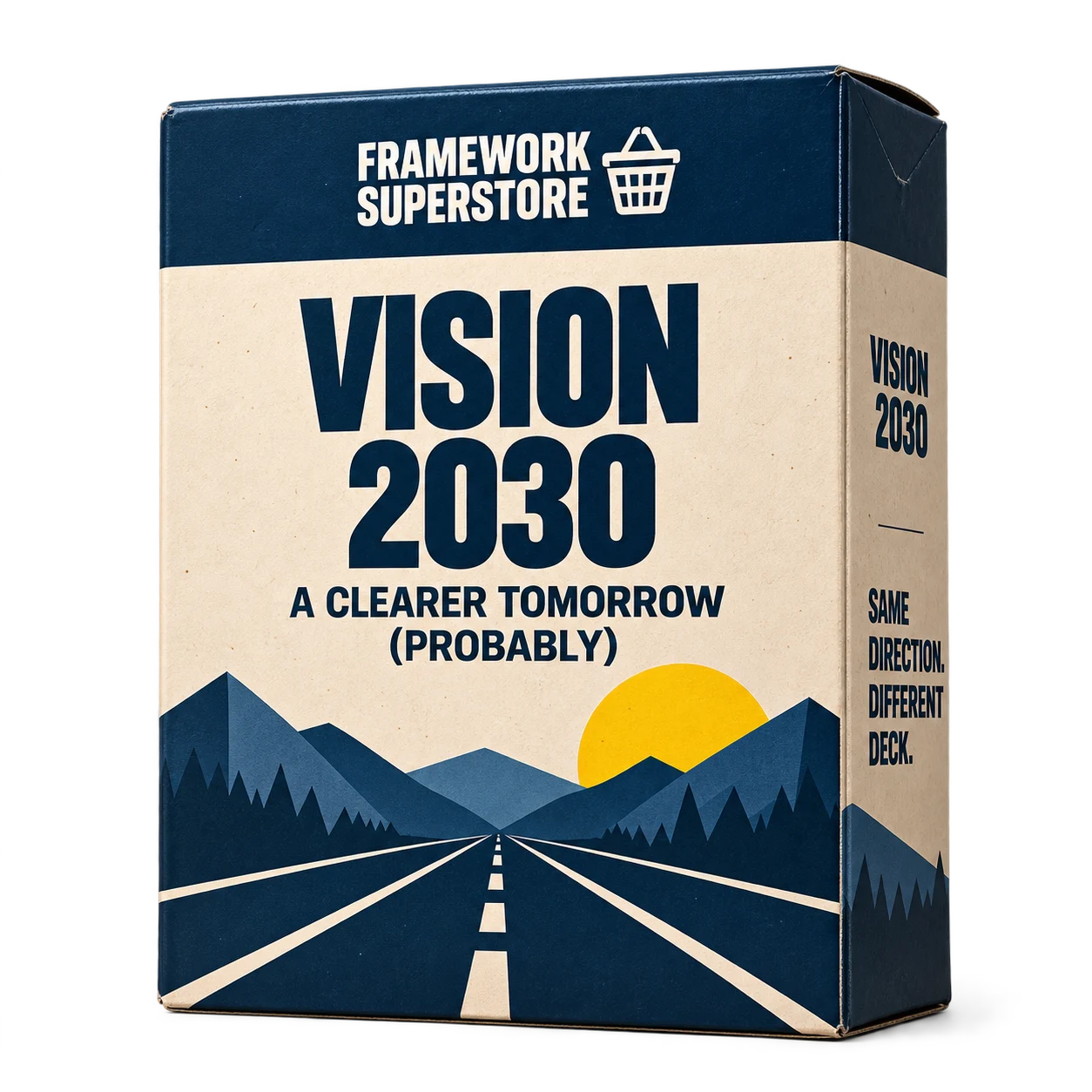 Cream Framework Superstore Vision 2030 box with navy packaging details.